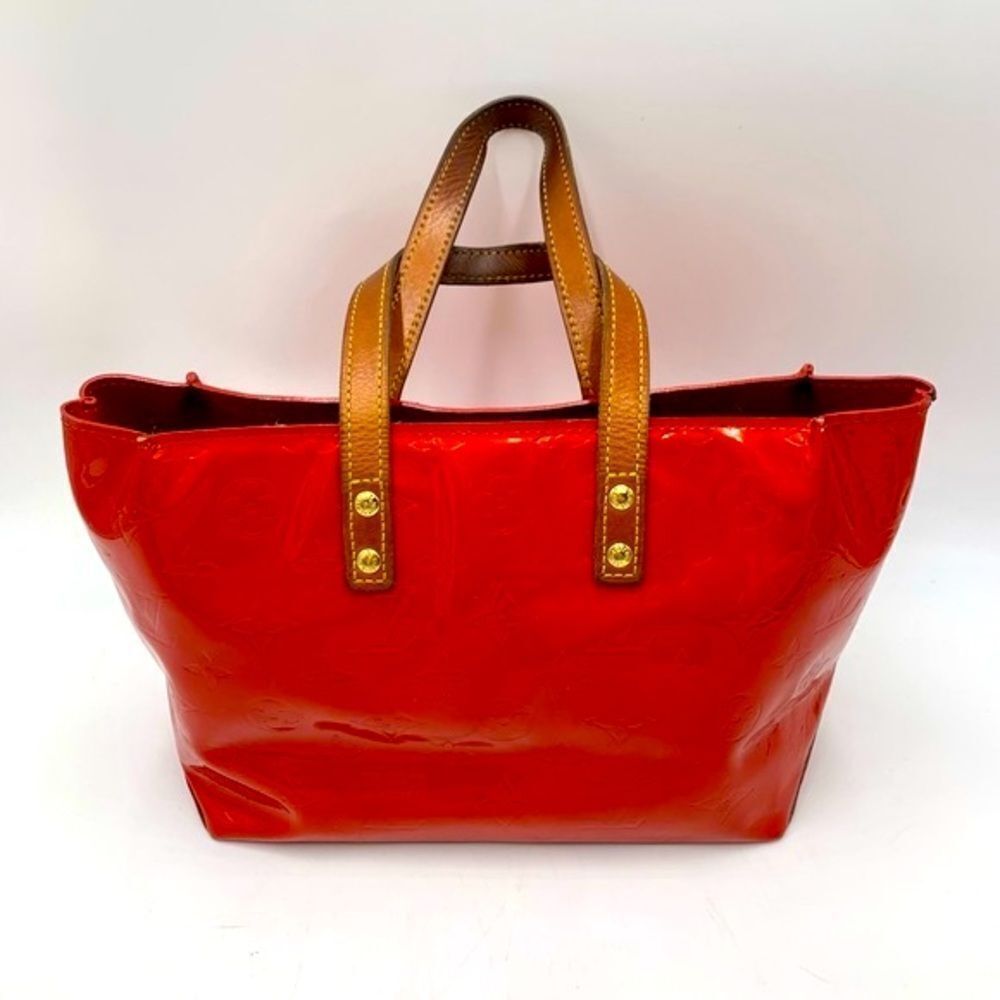 Auth Louis Vuitton Mini Red LV Monogram Vernis Tote Vachetta Leather Handles - Picture 7 of 14